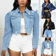 thumbnail image 1 of jtjvou Women's Cropped Denim Jacket Lapel Puff Long Sleeve Distressed Ripped Short Jean Jacket Button Down Trucker Coat Black L, 1 of 10