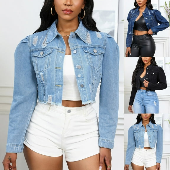 jtjvou Women's Cropped Denim Jacket Lapel Puff Long Sleeve Distressed Ripped Short Jean Jacket Button Down Trucker Coat Black L