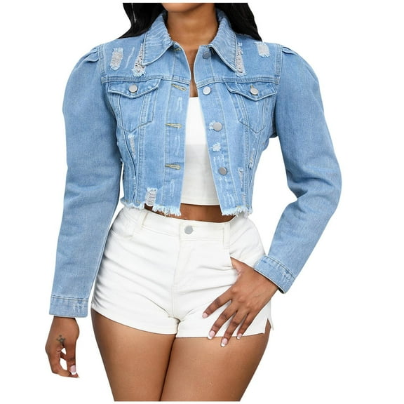 jtjvou Women's Cropped Denim Jacket Lapel Puff Long Sleeve Distressed Ripped Short Jean Jacket Button Down Trucker Coat Blue S