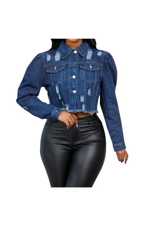 Women's Cropped Denim Jacket Lapel Puff Long Sleeve Distressed Ripped Short Jean Jacket Button Down Trucker Coat Blue S