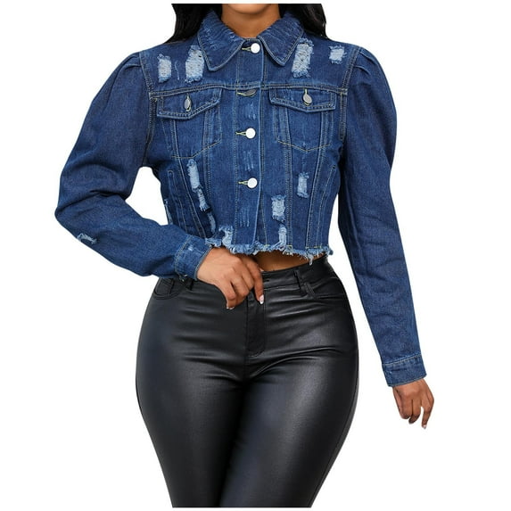 jtjvou Women's Cropped Denim Jacket Lapel Puff Long Sleeve Distressed Ripped Short Jean Jacket Button Down Trucker Coat Blue XXL