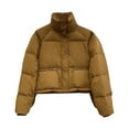 thumbnail image 1 of jtjvou Women's Cropped Puffer Jacket Stand Collar Vegan Leather Padded Bubble Short Down Coats Winter Thicken Warm Jacket for Women Khaki,M, 1 of 6