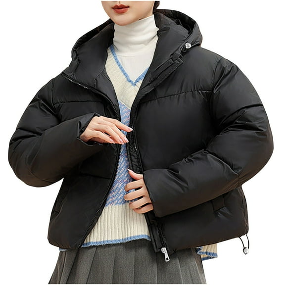 jtjvou Women's Cropped Puffer Jackets,Warm Winter Jacket with Removable Hood,Zipped Pockets,Short Ladies Quilted Coat Black L