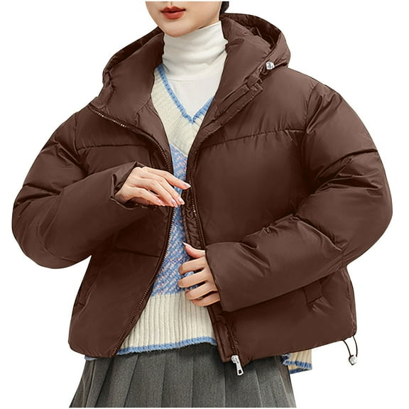 jtjvou Women's Cropped Puffer Jackets,Warm Winter Jacket with Removable Hood,Zipped Pockets,Short Ladies Quilted Coat Brown XL