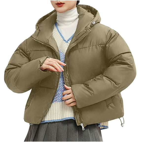 jtjvou Women's Cropped Puffer Jackets,Warm Winter Jacket with Removable Hood,Zipped Pockets,Short Ladies Quilted Coat Green XXL