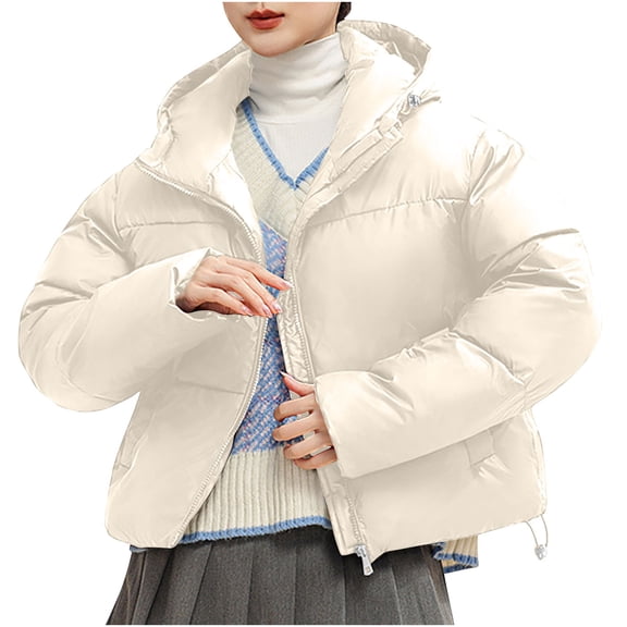 jtjvou Women's Cropped Puffer Jackets,Warm Winter Jacket with Removable Hood,Zipped Pockets,Short Ladies Quilted Coat White XL