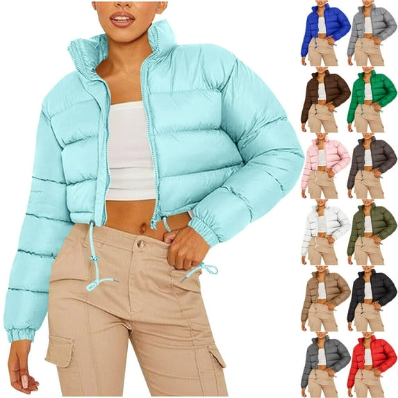 jtjvou Women's Cropped Quilted Puffer Jacket Full Zip Stand Collar Winter Coat Lightweight Padded Down Outerwear with Pockets Green L