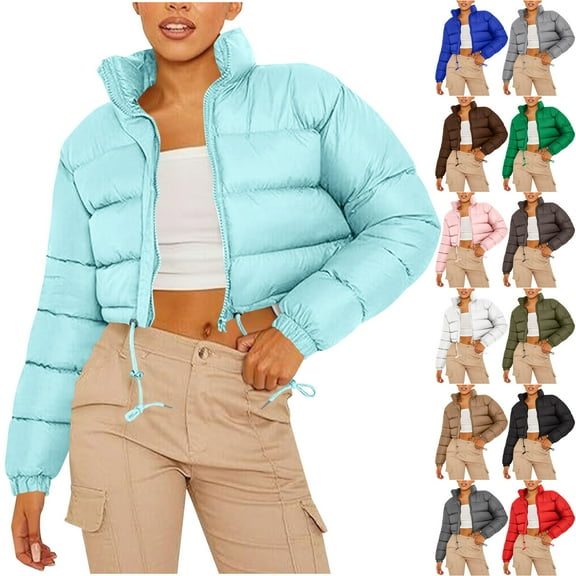 jtjvou Women's Cropped Quilted Puffer Jacket Full Zip Stand Collar Winter Coat Lightweight Padded Down Outerwear with Pockets Green L
