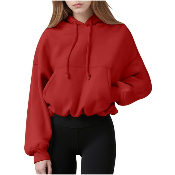 jtjvou Women's Cute Cropped Hoodies Y2k Long Sleeve Sweatshirts Fall Fashion Outfits Hooded Sweatshirt Elastic Hem Clothes Red L
