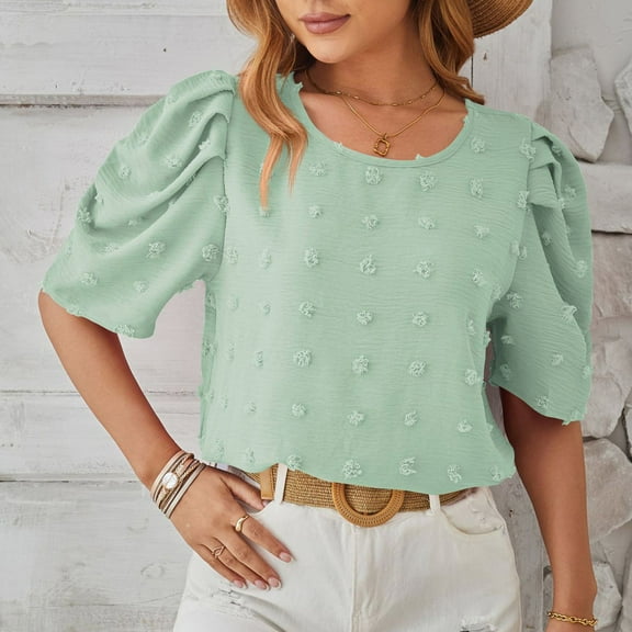 jtjvou Women's Dot Round Neck Short Sleeve Blouse Opaque Premium Top Versatile for Casual Everyday Wear Green XXL