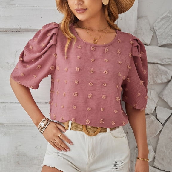jtjvou Women's Dot Round Neck Short Sleeve Blouse Opaque Premium Top Versatile for Casual Everyday Wear Pink XXL