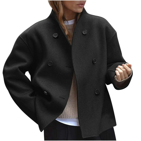 jtjvou Women's Double Breasted Coat Casual Winter Wool Blend Jacket Stand Collar Long Sleeve Pea Coats Black S
