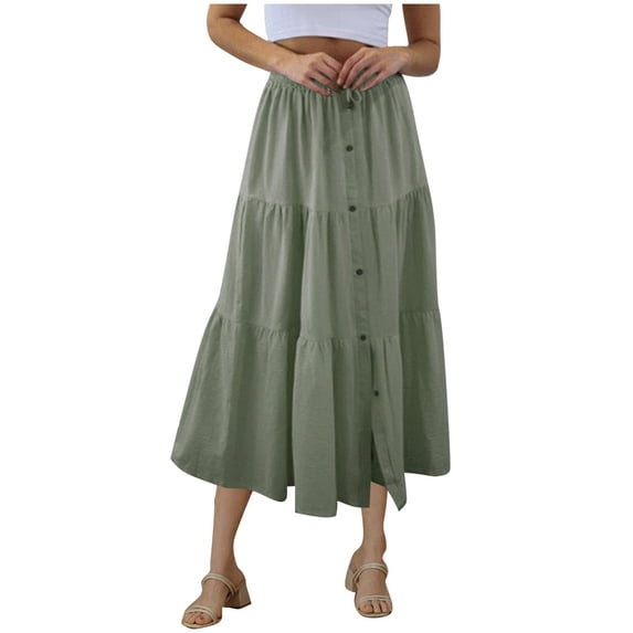 jtjvou Women's Drawstring High Elastic Waist Midi Skirt Casual Summer Trendy Button Front Flowy Tiered Ruffle A line Skirts Mint Green L