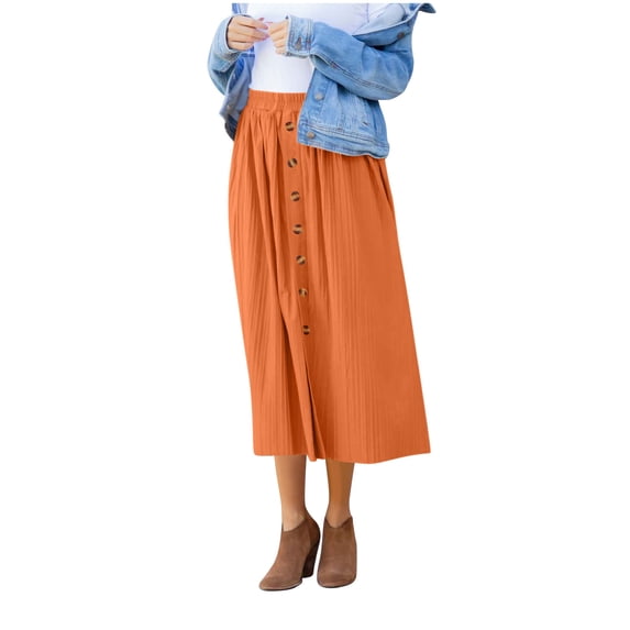 jtjvou Women's Elastic High Waist Pleated A-Line Midi Skirts Dressy Casual Trendy Button Down Business Work Long Skirt Orange L