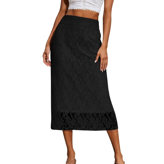 jtjvou Women's Elastic High Waisted Flowy A-Line Maxi Lace Skirt Summer Casual Long Skirts Elegant Skirt for Work Office Black L