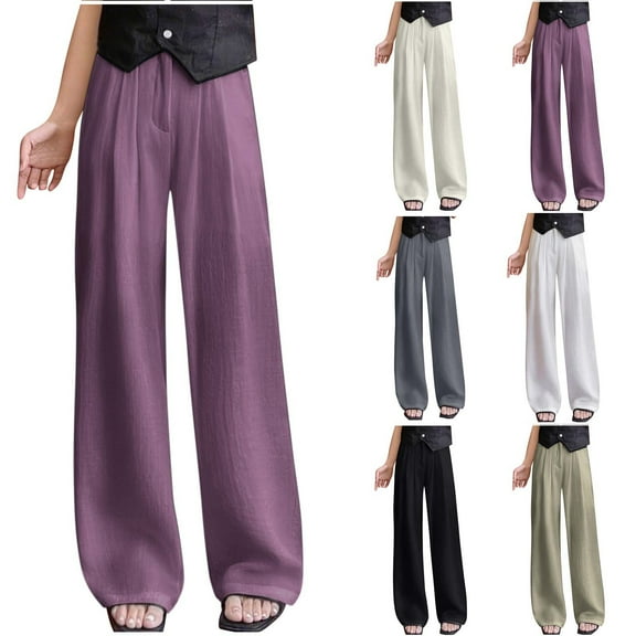 jtjvou Women's Elegant Flowy Dress Pants Front Pleated High Waisted Casual Wide Leg Loose Palazzo Trousers with Pockets Beige L