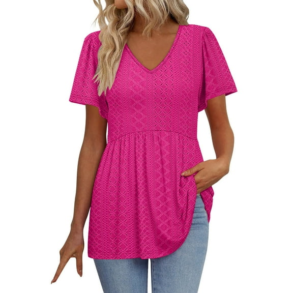 jtjvou Women's Eyelet Babydoll Dressy Blouse Solid Color Blouse Summer Going out Tops for Teen Oversize Trendy Fashion Short Sleeve Tops Crewneck Shirts Hot Pink,XXL
