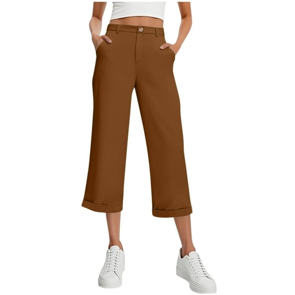 jtjvou Women's Fashion Casual Stretch Waist Button Cropped Pants Summer Solid Color Loose Straight Sports Capri with Pockets Brown XXL