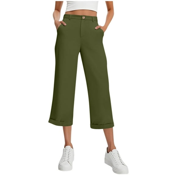 jtjvou Women's Fashion Casual Stretch Waist Button Cropped Pants Summer Solid Color Loose Straight Sports Capri with Pockets Green XXXL
