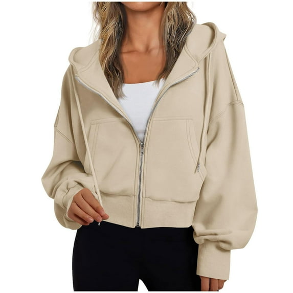 jtjvou Women's Fashion Hoodie Full Zipper Short Sweatshirt Casual Cozy Gym Top Solid Color Jacket Winter And Spring Outfits Beige XXL
