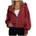 thumbnail image 1 of jtjvou Women's Fashion Hoodie Full Zipper Short Sweatshirt Casual Cozy Gym Top Solid Color Jacket Winter And Spring Outfits Red S, 1 of 6