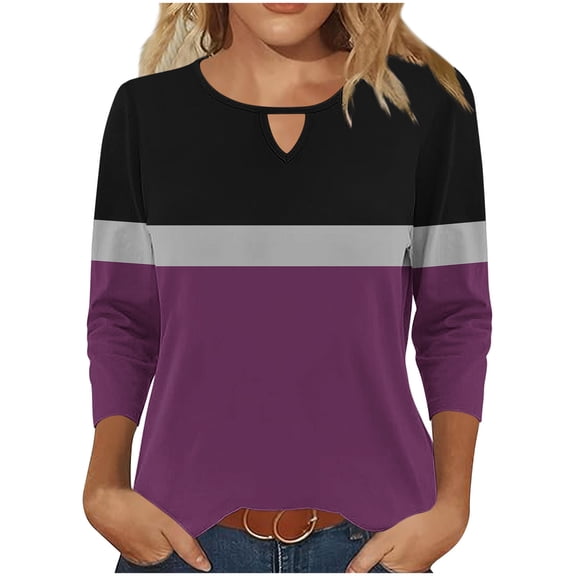 jtjvou Women's Fashion Round Neck Hollow Out Three Quarter Sleeve T-shirt Casual Stylish Comfortable Spring Summer Blouse Daily Wear Party Vacation Purple XXL