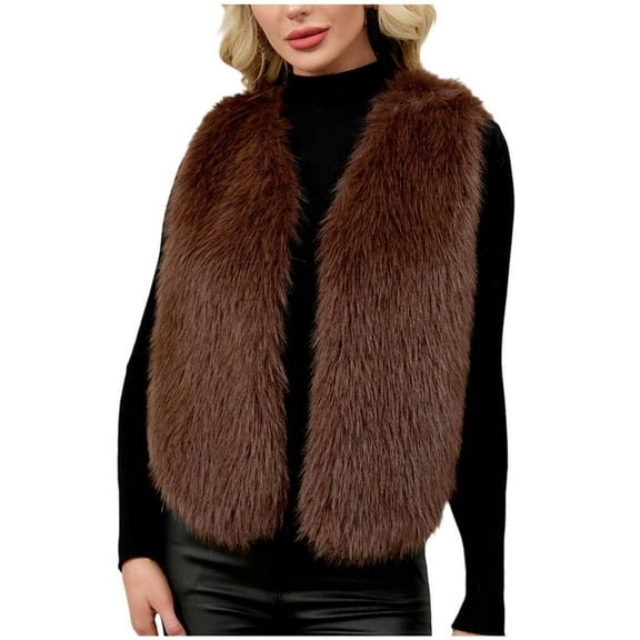 jtjvou Women's Faux Fur Waistcoat Vest Fuzzy Sleeveless Open Front Outwear Winter Warm Short Fluzzy Vest Jacket Coat Brown XXXL