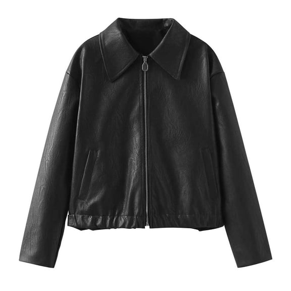 jtjvou Women's Faux Leather Shacket Long Sleeve Zip Up Motorcycle Jacket Biker Coat Motorcycle Jacket Women 2025 Trendy Black L