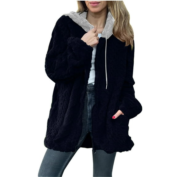 jtjvou Women's Fleece Hooded Coat Zip up Long Sleeve Fuzzy Tunic Jackets with Pockets Warm Plus Size Patchwork Coats Black XXXL