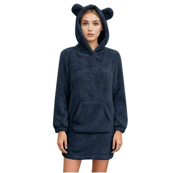 jtjvou Women's Fleece Hooded Nightgown Long Sleeve Flannel Night Dress Fuzzy Sleepwear Pajama with Pockets Blue S