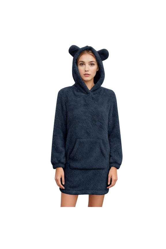 Women's Fleece Hooded Nightgown Long Sleeve Flannel Night Dress Fuzzy Sleepwear Pajama with Pockets Blue XXL