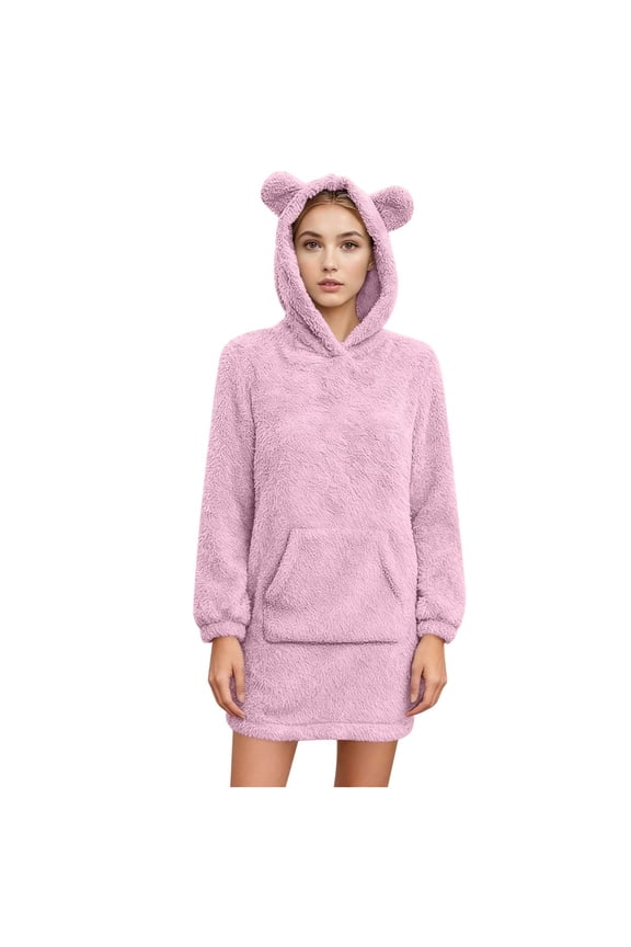 Women's Fleece Hooded Nightgown Long Sleeve Flannel Night Dress Fuzzy Sleepwear Pajama with Pockets Pink XXL