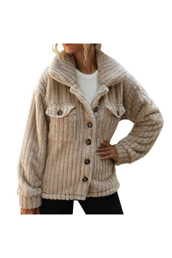 Women's Fleece Lapel Button Down Shacket Corduroy Jacket Padded Lined Short Jacket Sherpa Trucker Jacket Warm Winter Coat for Women Coffee,S
