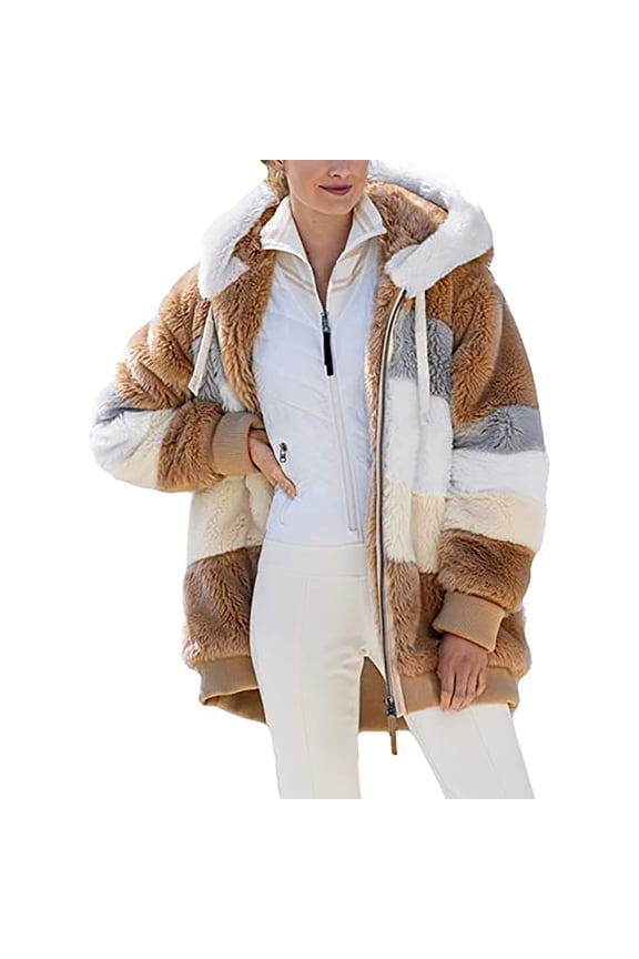 Women's Fleece Zip Shacket 2024 New Rcontrasting Lamb Wool Padded Coat Faux Fur Shearling Sherpa Hoodie Lined Jacket for Women Khaki,XL