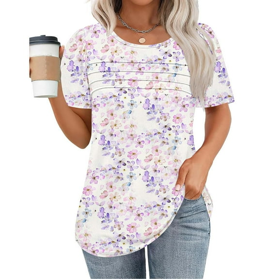jtjvou Women's Floral Blouse Going out Tops for Teen Casual Loose Summer Trendy Fashion Round Neck Shirts Short Sleeve Tops Multicolor,S