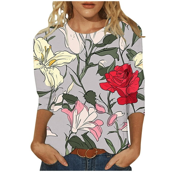 jtjvou Women's Floral Blouse Going out Tops for Teen Crewneck Blouse Casual Loose Trendy Fashion Summer 3/4 Sleeve Tops Multicolor,XXL