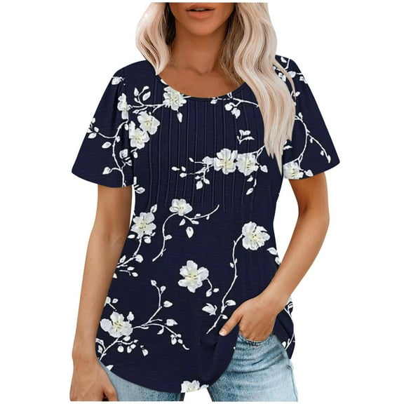jtjvou Women's Floral Blouse Round Neck Tees Plus Size Summer Going out Tops for Teen Short Sleeve Tops Trendy Fashion Multicolor,S