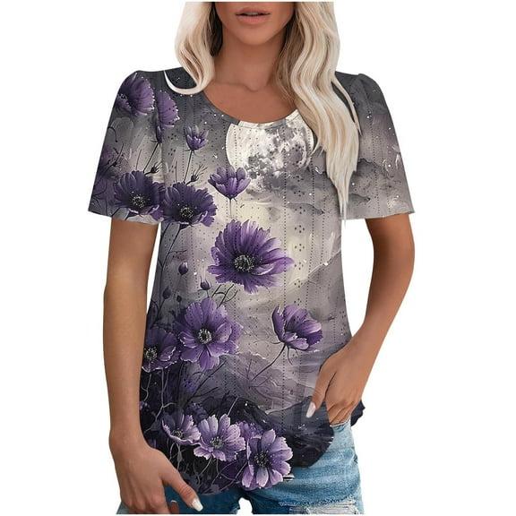 jtjvou Women's Floral Blouse Summer Round Neck Blouse Going out Tops for Teen Oversize Short Sleeve Tops Trendy Fashion Multicolor,L