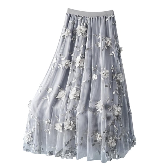 jtjvou Women's Floral Embroidered Tulle Maxi Skirt High Waist Flowy A-Line Long Skirt Fairy Elegant Mesh Skirt for Party Gray Free Size