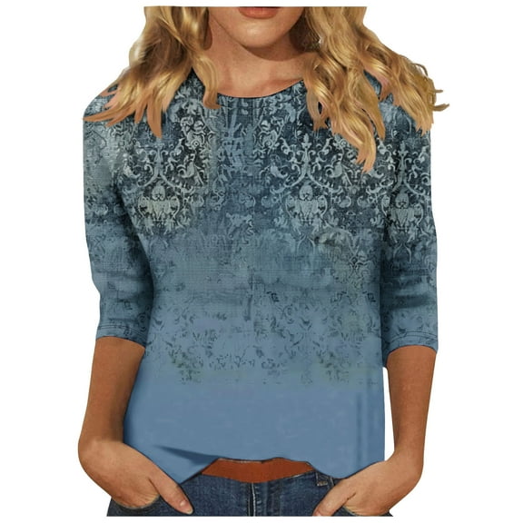 jtjvou Women's Basic Business Work T-Shirts Floral Pullover Casual Loose Trendy Fashion Crewneck Tees 3/4 Sleeve Tuinc Going out Tops for Teen Summer Multicolor,XL