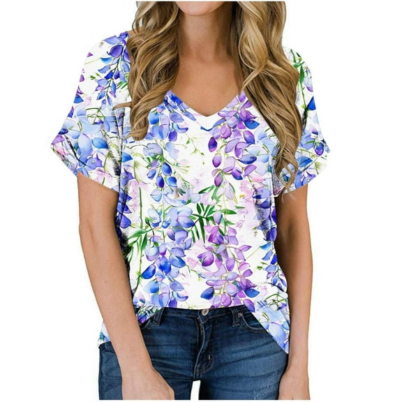 jtjvou Women's Floral Pullover Plus Size Summer Going out Tops for Teen Trendy Fashion Short Sleeve Tuinc V-Neck Shirts Multicolor,S