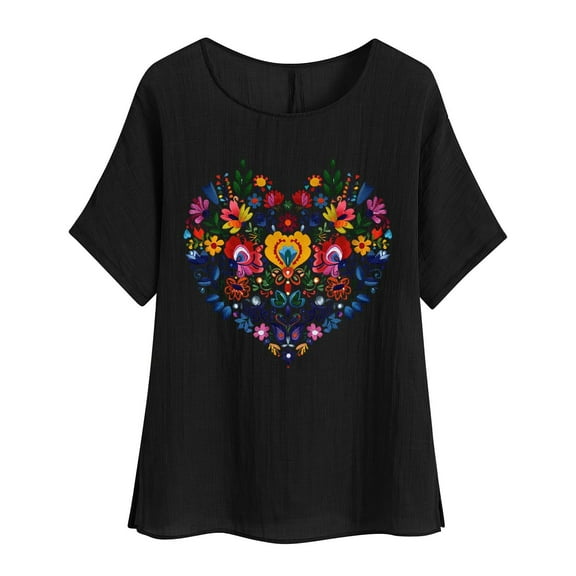 jtjvou Women's Floral Pullover Short Sleeve Tuinc Casual Loose Trendy Fashion Summer Going out Tops for Teen Crewneck Tuinc Black,S