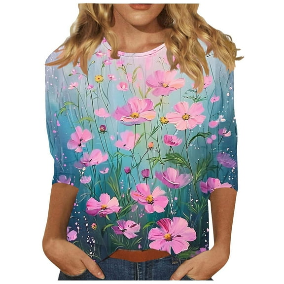 jtjvou Women's Floral Pullover Summer 3/4 Sleeve Tuinc Going out Tops for Teen Crewneck Shirts Trendy Fashion Casual Loose Multicolor,L