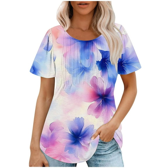 jtjvou Women's Floral Shirts Plus Size Short Sleeve Tees Going out Tops for Teen Trendy Fashion Summer Crewneck Pullover Multicolor,L