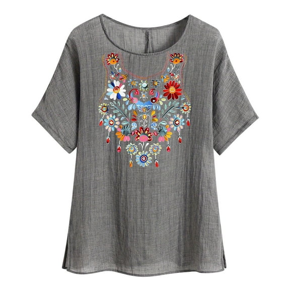 jtjvou Women's Floral Shirts Short Sleeve Tees Trendy Fashion Plus Size Round Neck Shirts Summer Going out Tops for Teen Gray,L