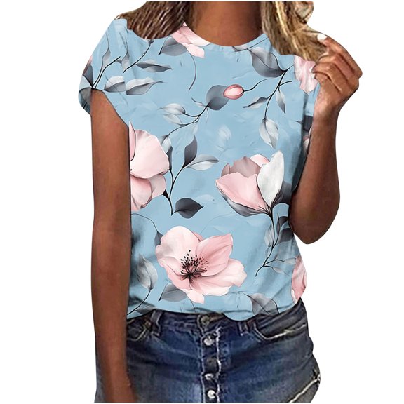 jtjvou Women's Floral Shirts Trendy Fashion Casual Loose Short Sleeve Tees Going out Tops for Teen Summer Crewneck Shirts Multicolor,XL