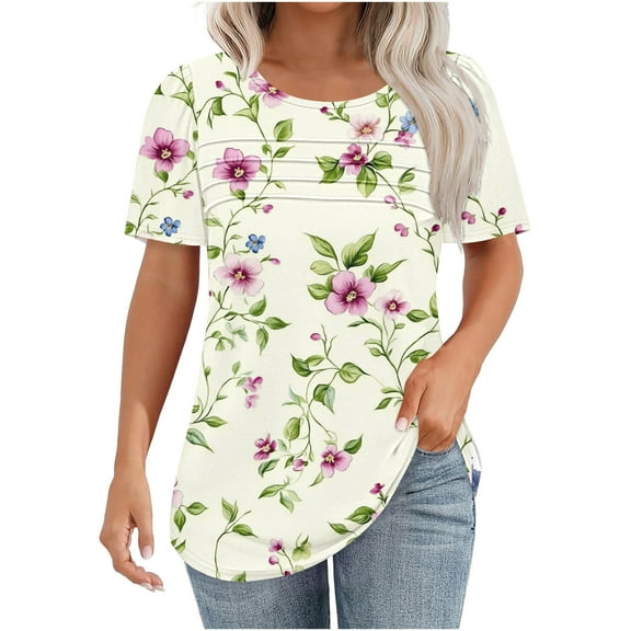 jtjvou Women's Floral Tees Going out Tops for Teen Round Neck Tees Oversize Summer Short Sleeve Blouse Trendy Fashion Multicolor,M