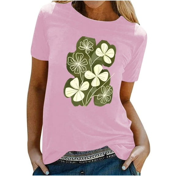 jtjvou Women's Floral Tees Oversize Round Neck Pullover Going out Tops for Teen Summer Short Sleeve Blouse Trendy Fashion Pink,XL