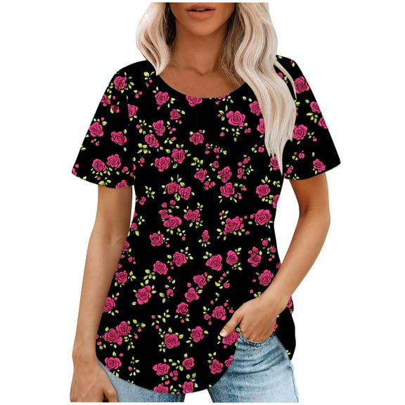 jtjvou Women's Floral Tees Round Neck Shirts Summer Trendy Fashion Going out Tops for Teen Short Sleeve Blouse Casual Loose Multicolor,L