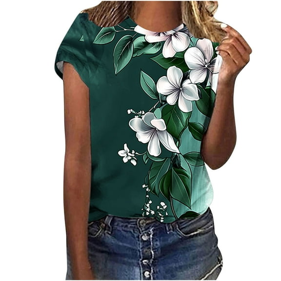 jtjvou Women's Floral Tees Trendy Fashion Oversize Round Neck Blouse Summer Short Sleeve Blouse Going out Tops for Teen Multicolor,L